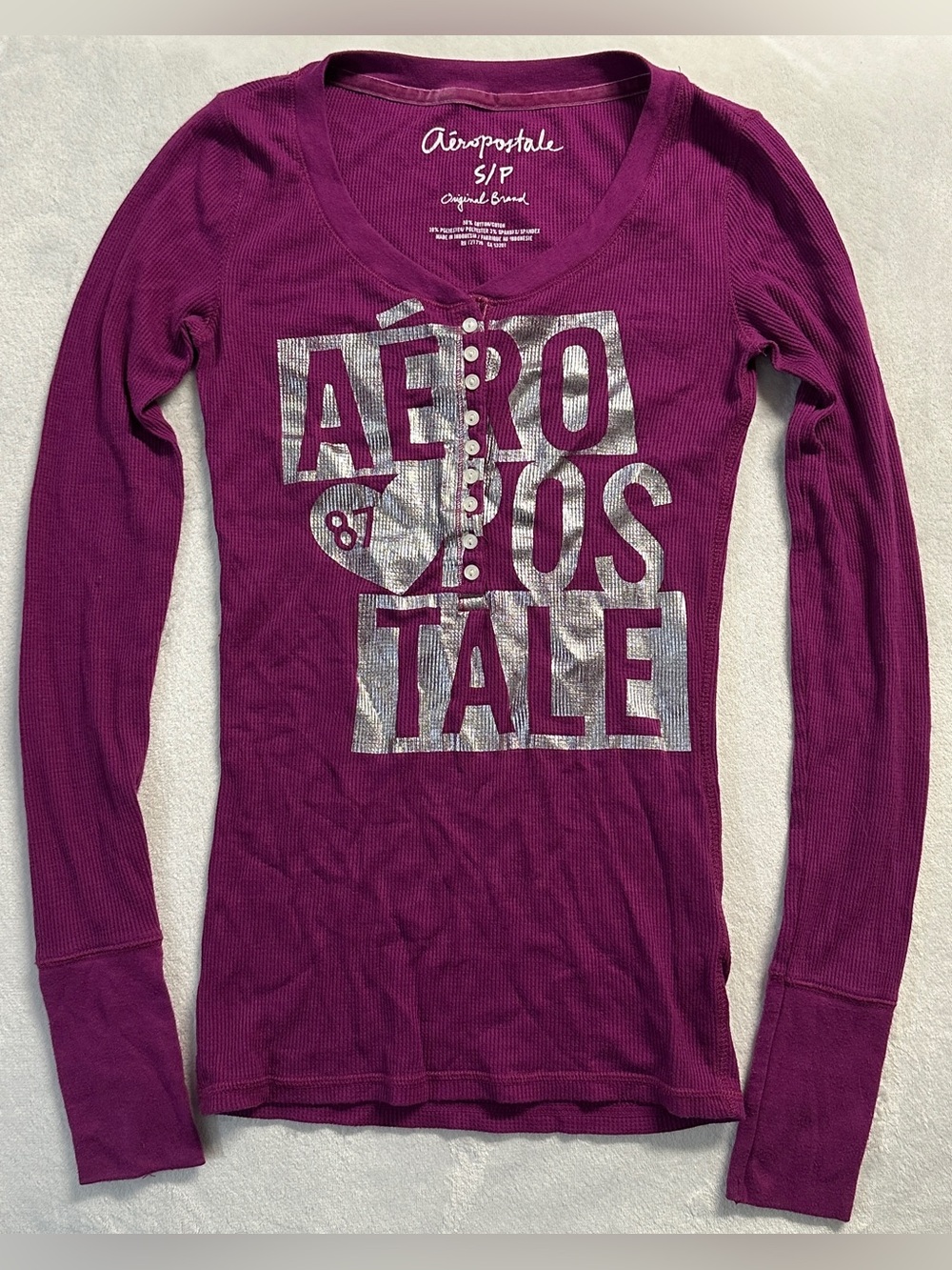 Y2K AEROPOSTALE women's purple silver metallic graphic waffle knit henley top, S